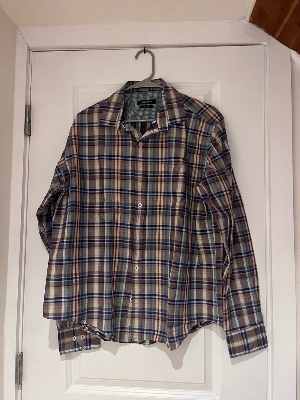 Men's Plaid Button-Up Shirt in Blue and Brown